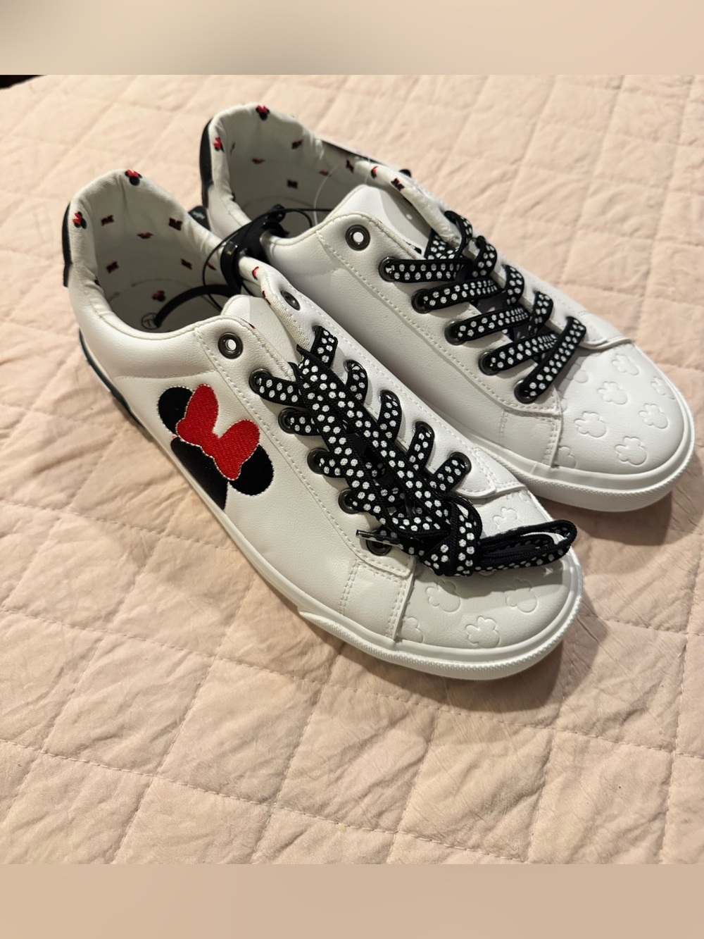 Disney White Sneakers with Black & Red Minnie Bow Accent